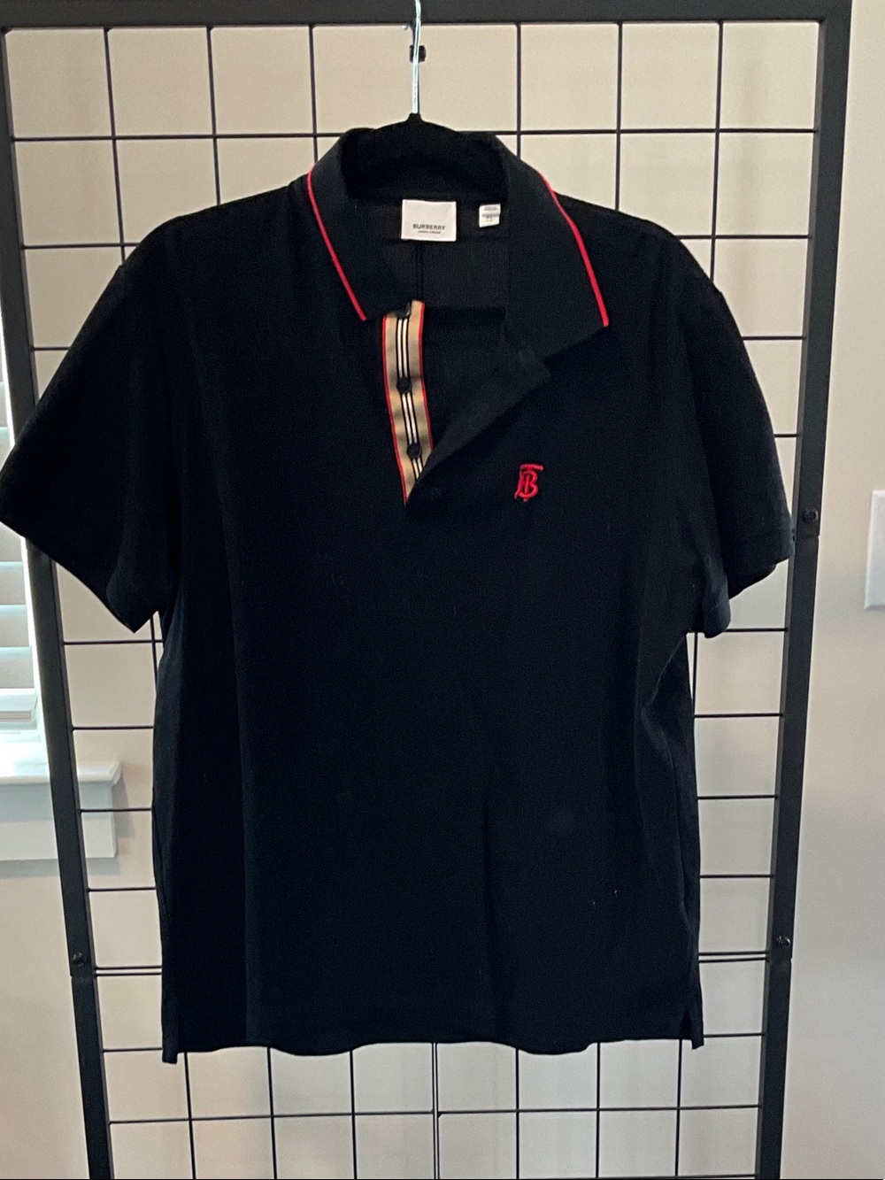Burberry Black Polo with Red Trim and Signature Placket